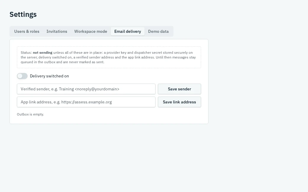 Email delivery configuration with sending switched off
