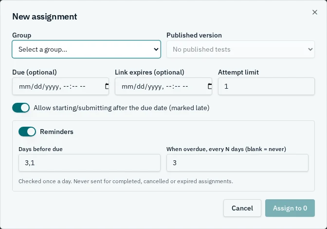Published version, dates, attempt limit and reminders