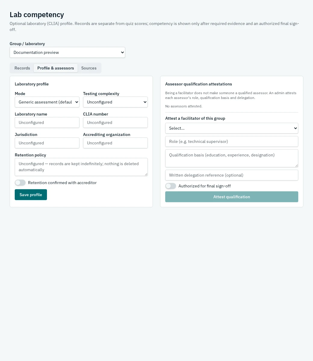 Laboratory profile and assessor qualification attestation